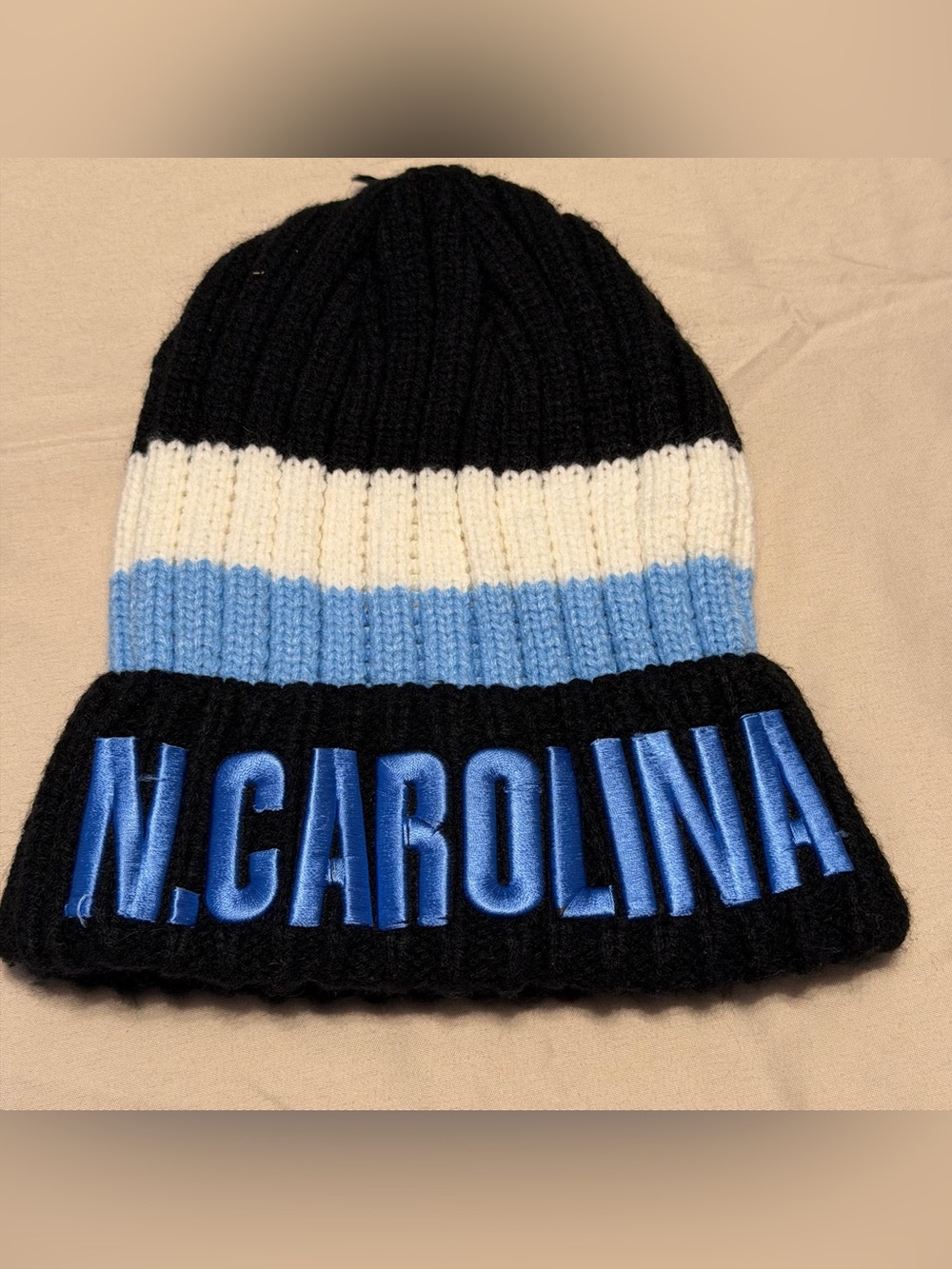 North Carolina Knit Beanie Hat - Black, White & Light Blue